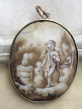 Rare Antique Georgian 9ct Gold enamel On Copper Cupid,  dog Sweetheart Pendant 3