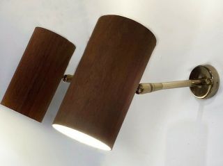 Rare Pair Vtg Mcm Modern Oscillating Brass Wood Cylinder Wall Sconce Fixtures