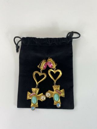 Rare Vtg Christian Lacroix Gold Jewel Cross Earrings