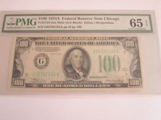 1934a Chicago $100 Frn Note Fr 2153 - Gm Rare Mule Pmg Gem Uncirculated 65 Epq