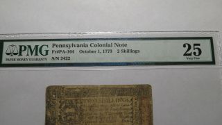 1773 Two Shillings Pennsylvania PA Colonial Currency Note Bill PMG VF25 2s RARE 2