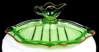 Cambridge 898 Rare Emerald Green Vaseline Glass 14 1/2 " Meat & Gravy Platter