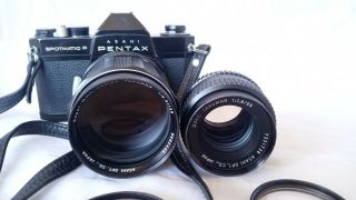 Asahi Pentax Spotmatic F 35mm Camera Black Rare.  W/ Takumar Lenses 135 & 1.  8