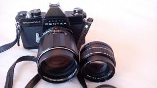 Asahi Pentax Spotmatic F 35mm Camera Black RARE.  W/ Takumar lenses 135 & 1.  8 2