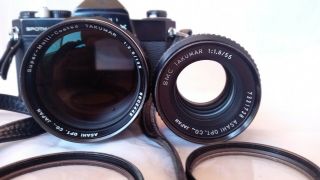 Asahi Pentax Spotmatic F 35mm Camera Black RARE.  W/ Takumar lenses 135 & 1.  8 3