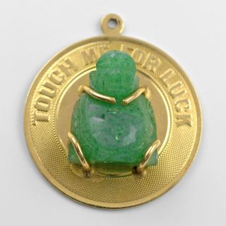 Golden 14k Buddha Pendant With Jade Buddha " Touch Me For Luck " Rare Collectible