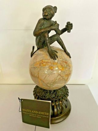 Vintage Maitland - Smith Rare Large Brass Monkey W/ Granite Marble Ball