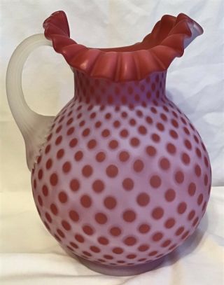 Rare Fenton Art Glass Cranberry Opalescent Satin Polkadot Honeycomb Pitcher