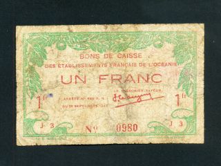 French Oceania:p - 11,  1 Franc,  1943 Rare Wwii Vg