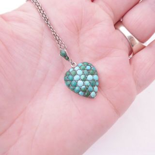 Silver Natural Turquoise Heart Locket Back Pendant On Chain,  Rare Victorian