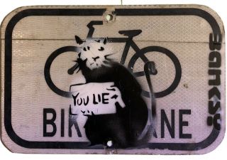Banksy Stencil Street Sign Painting Rare “rat Holding Sign,  You Lie”