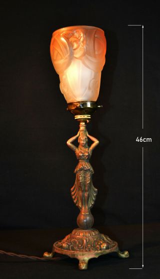 Rare Vintage 1930s Bronze Figural Lamp Art Deco Handmade French " Degue " Shade