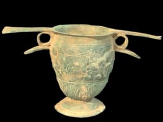 RARE ANCIENT ROMAN BRONZE PERIOD DRINKING VESSEL WITH PICTORIAL SCENE 200 - 400 2