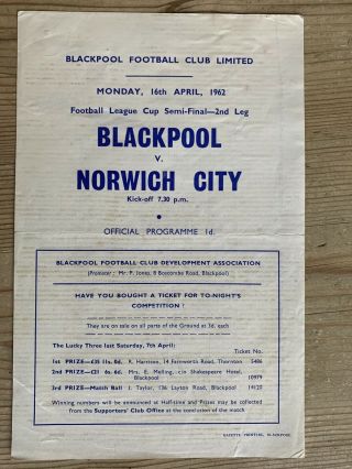 1962 Rare Blackpool V Norwich City League Cup Semi Final Single Sheet P&p