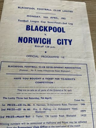 1962 RARE Blackpool v Norwich City League Cup Semi Final Single Sheet P&P 2