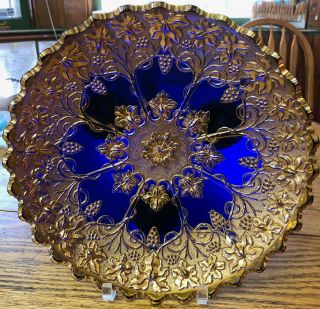 Rare Northwood Grape Freize Cobalt Blue Footed Bowl Plate Gold Accents