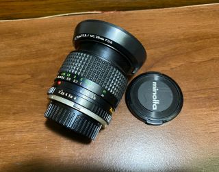 Rare Minolta MC W.  Rokkor - X 28mm 1:2 F/2 Fast Wide Angle Prime Lens w Hood EXC, 2