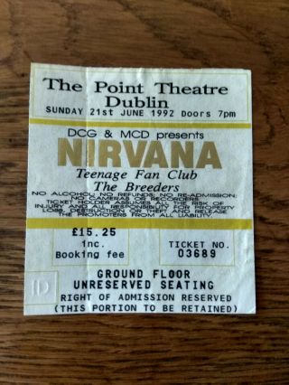 Rare Nirvana Concert Gig Ticket 21/06/1992 Dublin,  Ireland Kurt Cobain