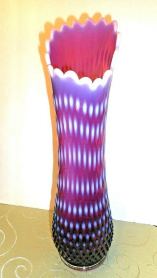 15 " Rare Old Fenton Plum Hobnail Opalescent Art Glass Swung Vase