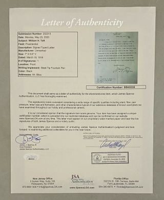 President William H.  Taft Signed 1918 Typed Letter Autographed JSA LOA RARE 3
