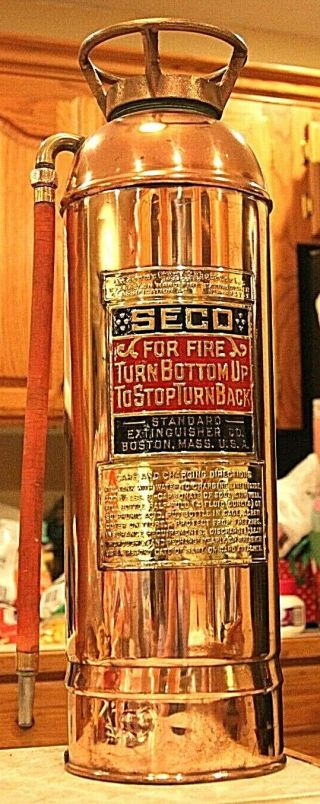Rare Antique Vintage " Seco " Copper Brass Fire Extinguisher - Polished Restored