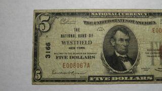 $5 1929 Westfield York NY National Currency Bank Note Bill Ch.  3166 RARE 2