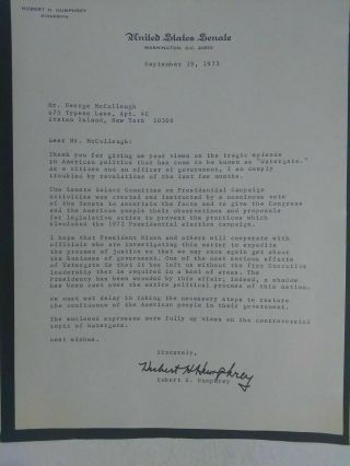 Hubert Humphrey Signed Rare Us Senate Letter 9 - 19 - 73 @ President Nixon Watergate