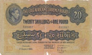 20 Shillings Or 1 Pound Vg Banknote From British East Africa 1951 Pick - 30b Rare