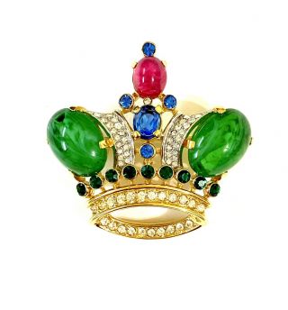 Rare Rhinestone Trifari Moghul Jewels Of India Glass Crown Brooch Pin