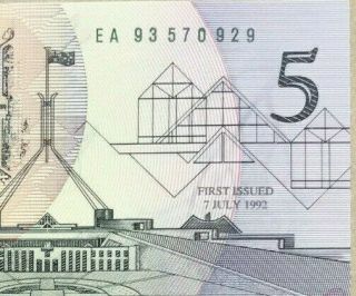 Australia 1993 $5.  Oo Ea93 Last Prefix,  " Rare Overprint July 1992 " Uncirculated