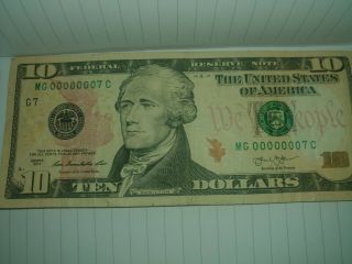 2013 10 Dollar Bill Low Serial Number Rare 7 Zeros Followed By A 7