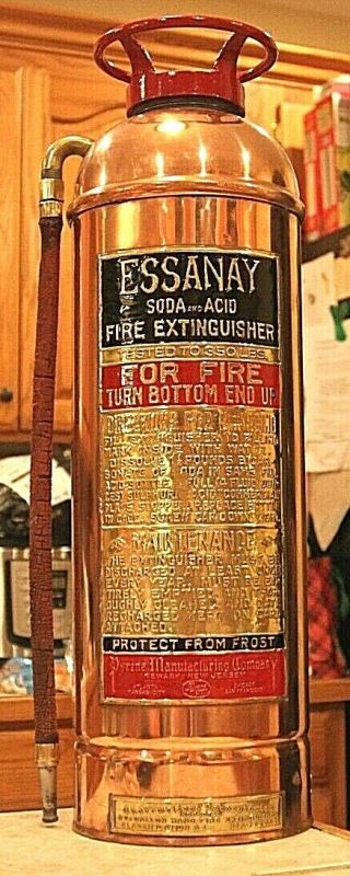Rare Antique Vintage " Essanay " Copper Brass Fire Extinguisher - Polished Restored