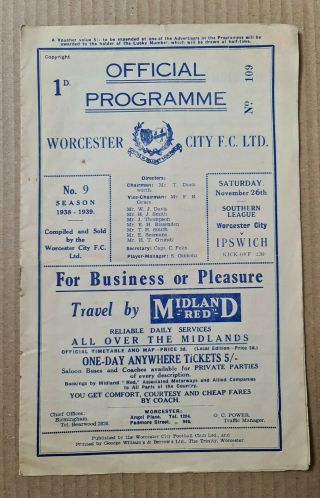 Rare Football Programme Pre - Ww2 1930s Worcester City V Ipswich In