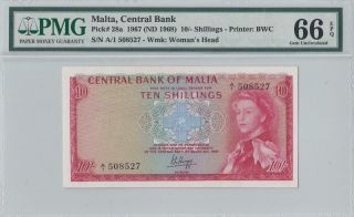 1967 Central Bank Of Malta 10 Shillings Rare " A/1 " ( (pmg 66 Epq))