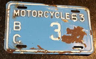 1963 British Columbia Motorcycle License Plate Rare Low 3