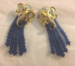 Rare Elizabeth Taylor For Avon Elephant Walk Earrings Blue Glass Bead Rhinestone
