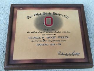 Rare 1949 Ohio State George " Bucky " Wertz Varsity Football Letter Award Plaque