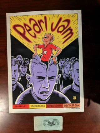 Rare 1996 Pearl Jam Ward Sutton Concert Poster Randall’s Island With Ticket