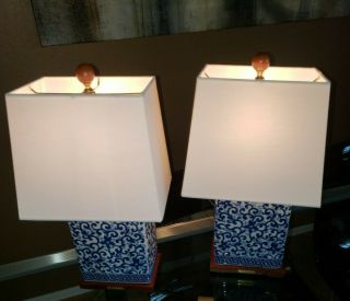 Rare Set Ralph Lauren Lotus Flower Porcelain Blue Table Lamp W/ Shade Euc
