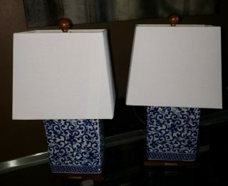 RARE SET Ralph Lauren Lotus Flower Porcelain Blue Table Lamp w/ Shade EUC 2