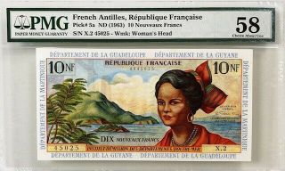 French Antilles 10 Nouveaux Francs 1963 P5a Pmg58 Aunc / Rare