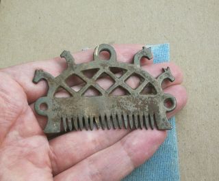 Ancient Viking Zoomorphic Bronze Hair Comb With Ornament Dragon Heads Rare