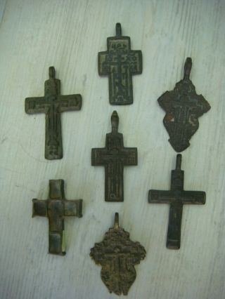 Rrr Rare Antique Set Of 7 Russian Bronze Cross Orthodox 17th - 18th