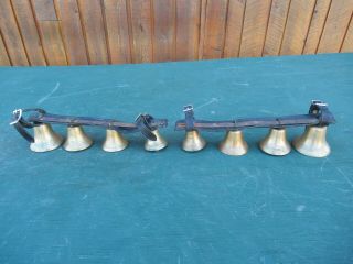 Rare Antique 2 Set Brass Horse Bell 4 Bells On Leather Strap For Sleigh Shaft