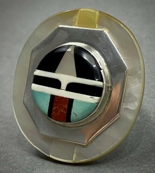 Huge Vintage Zuni Native American Sterling Silver Multi Stone Inlay Ring Rare