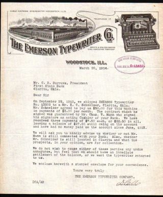 1914 Woodstock Il - Emerson Typewriter Co - Letter Head History Rare