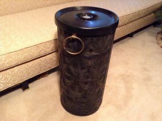 Rare Atomic Pearl Wick Black & Brass Clothes Hamper Quilted Vinyl Mid Century