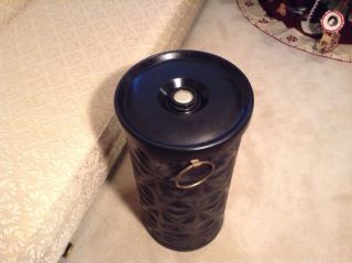 Rare Atomic Pearl Wick Black & Brass Clothes Hamper Quilted Vinyl Mid Century 2
