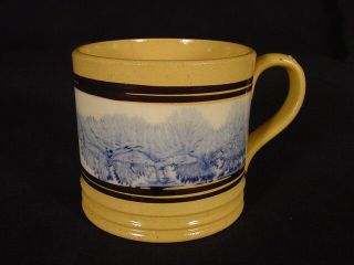Rare Antique 1800s Blue Seaweed Mocha Mug Mochaware Yellow Ware