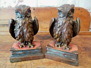 Antique 1910 Rare Pompeian Bronze Co.  Owl On Book Bronze Bookends